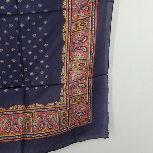 Vintage Silk Scarf Square Navy Blue Paisley Floral 31" Hand Rolled - Picture 5 of 10